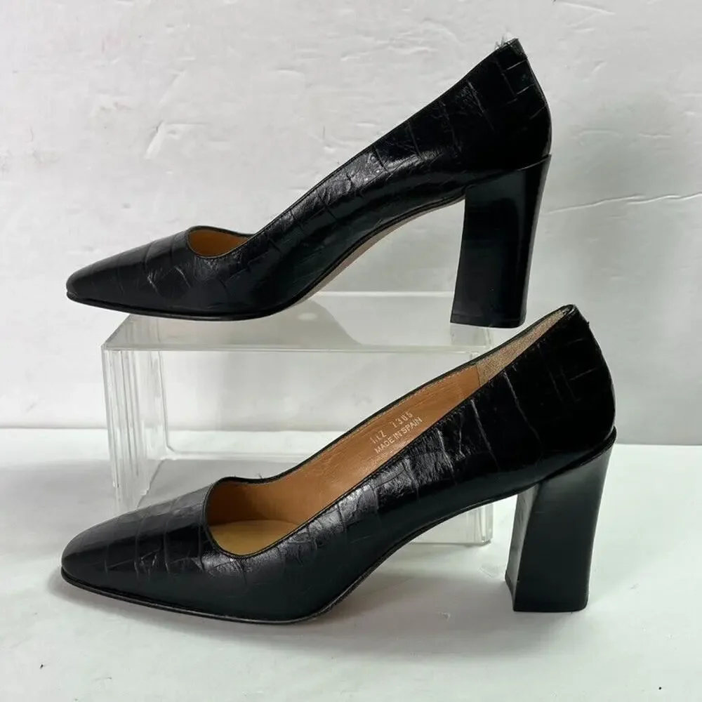 Ralph Lauren Pumps Womens 7AA Black Croc Print High Heel Square Toe Spain Made
